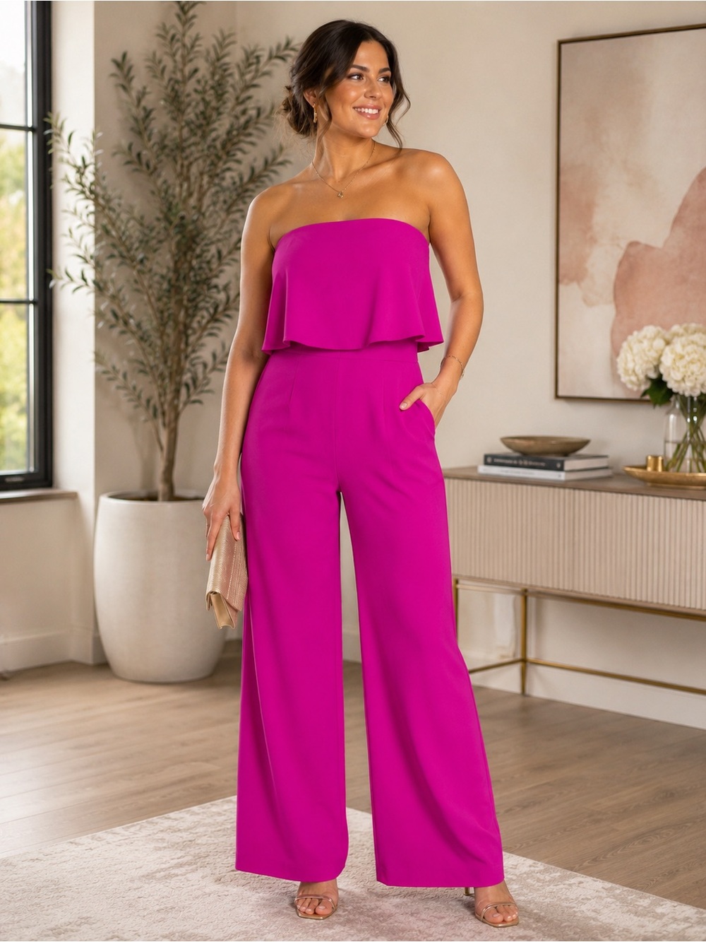 NWT Sugarlips Fuchsia Pink Strapless Ruffle Jumpsuit Size L